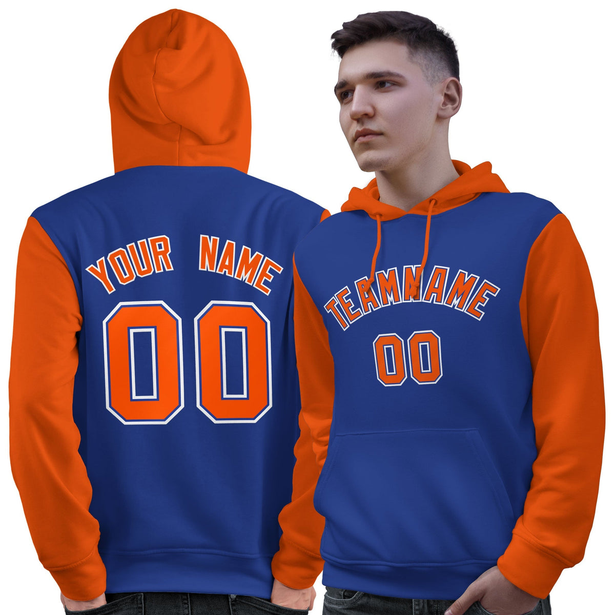 Custom Royal Orange-White Raglan Sleeves Pullover Personalized Sweatshirt Hoodie| KXKSHOP