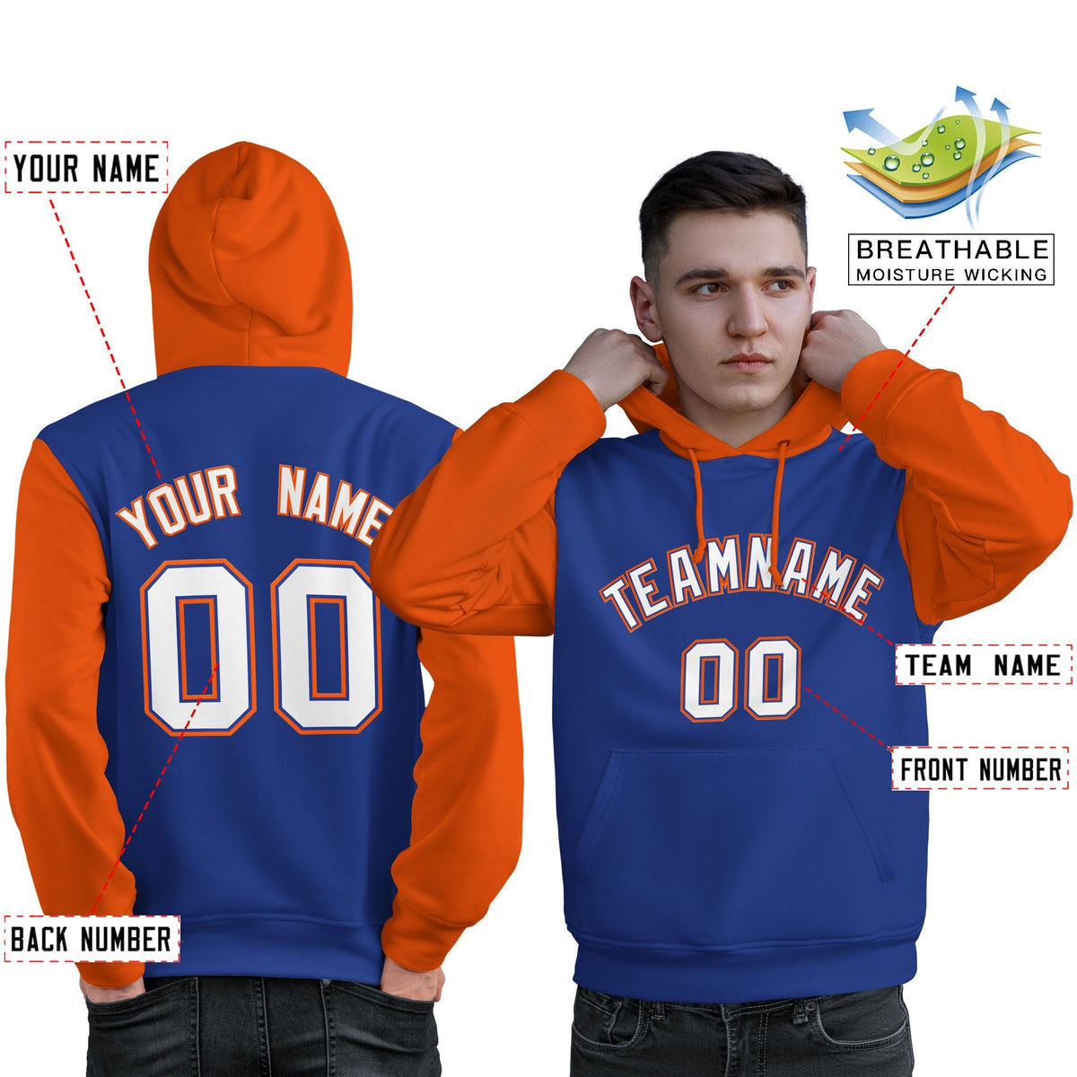 Custom Royal White-Orange Raglan Sleeves Pullover Personalized Sweatshirt Hoodie| KXKSHOP