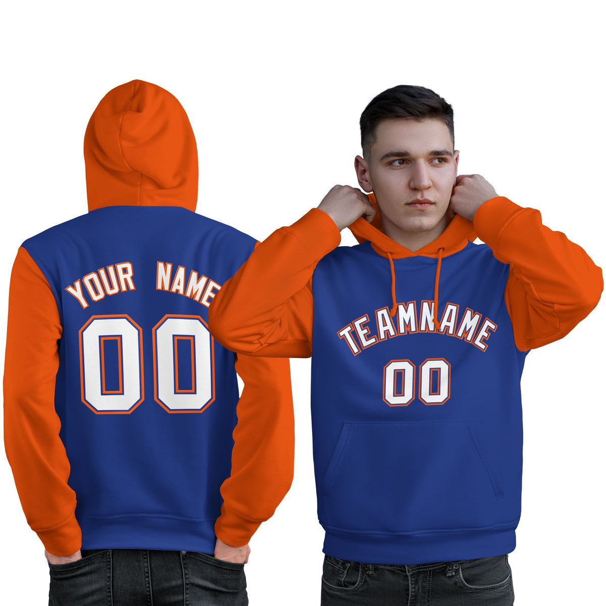 Custom Royal White-Orange Raglan Sleeves Pullover Personalized Sweatshirt Hoodie| KXKSHOP