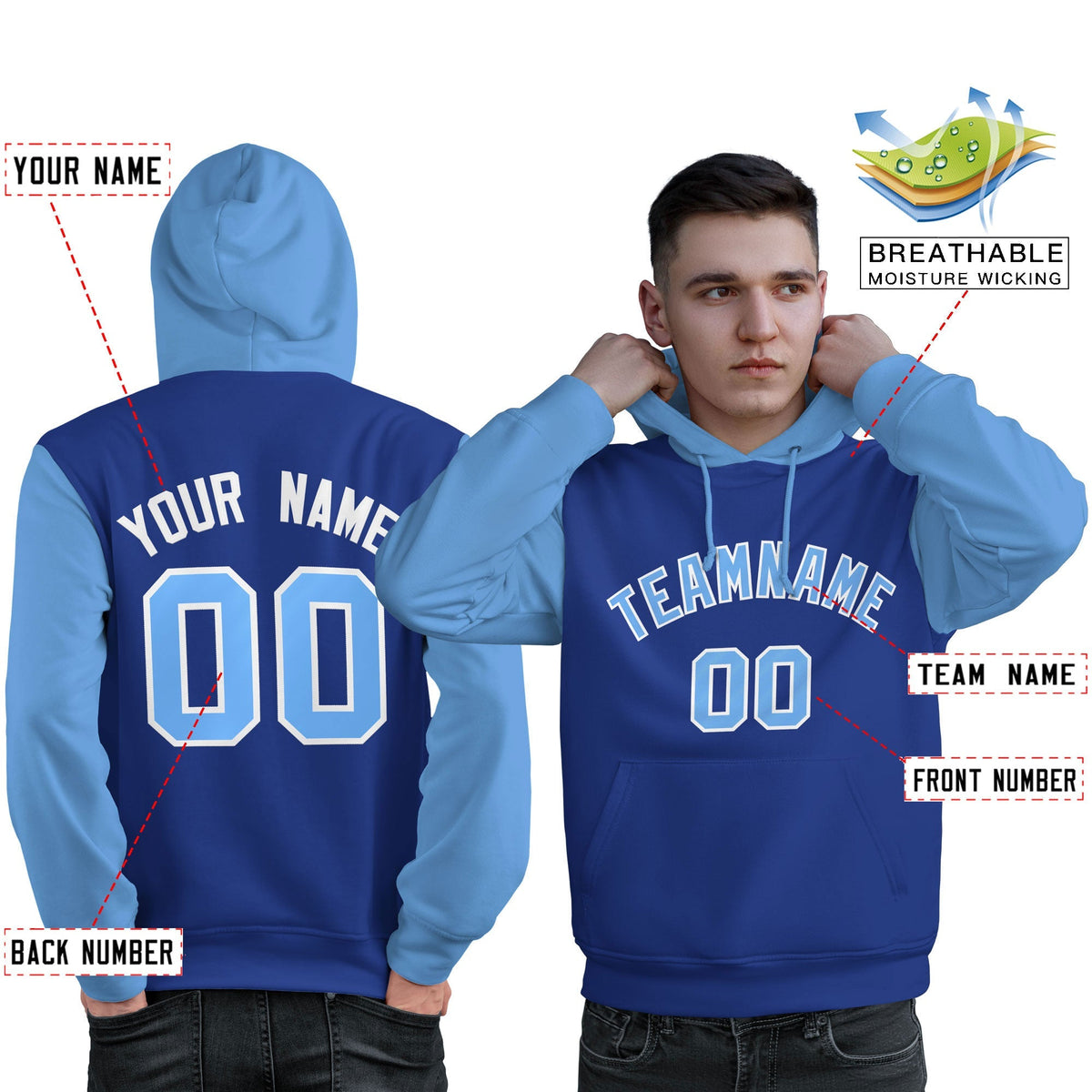 Custom Royal Light Blue-White Raglan Sleeves Pullover Personalized Sweatshirt Hoodie| KXKSHOP