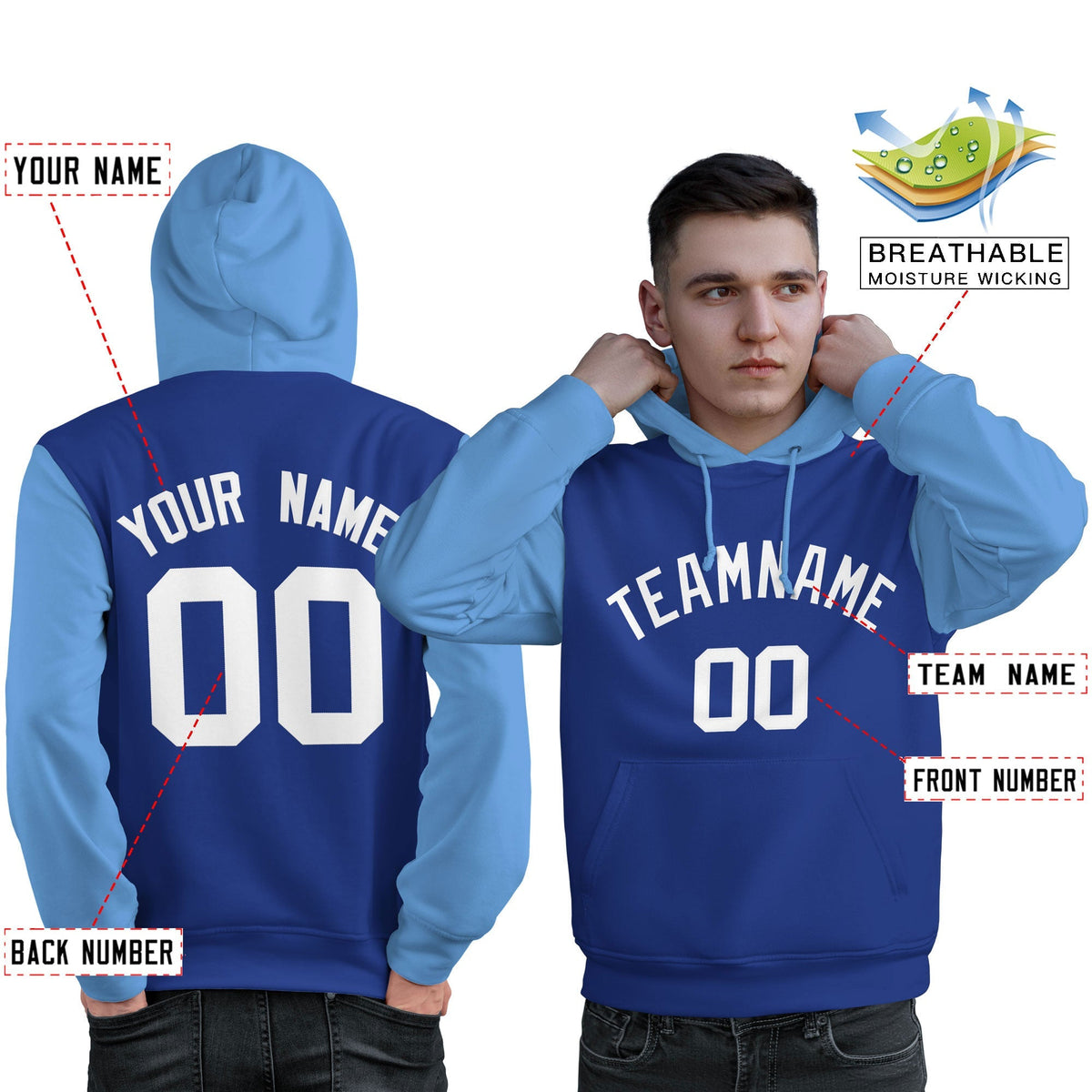 Custom Royal White-Light Blue Raglan Sleeves Pullover Personalized Sweatshirt Hoodie| KXKSHOP