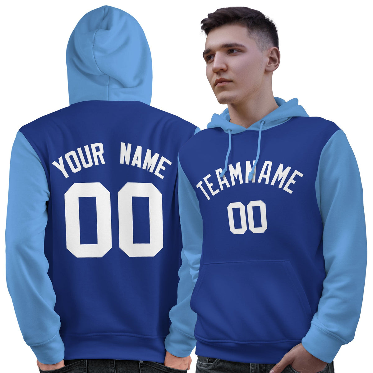 Custom Royal White-Light Blue Raglan Sleeves Pullover Personalized Sweatshirt Hoodie| KXKSHOP