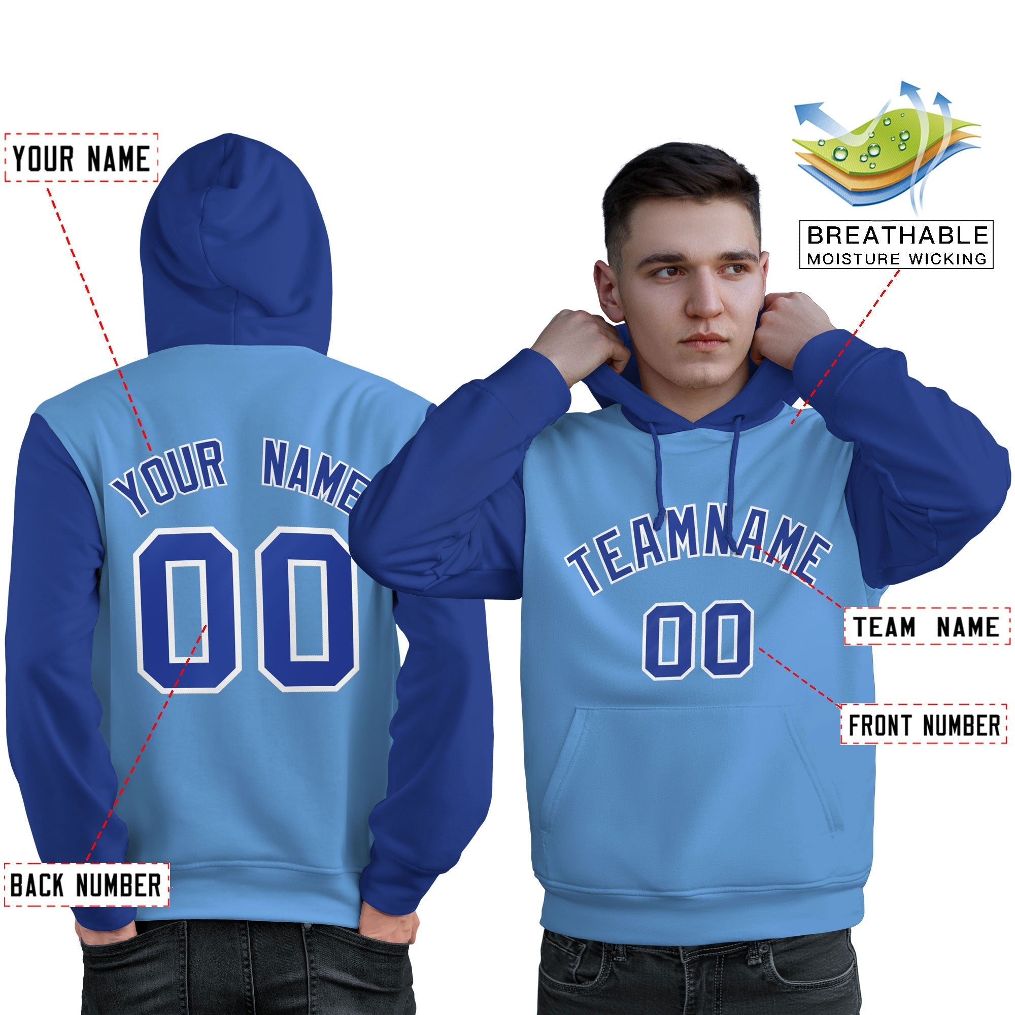 Custom Light Blue Royal-White Raglan Sleeves Pullover Personalized Sweatshirt Hoodie| KXKSHOP