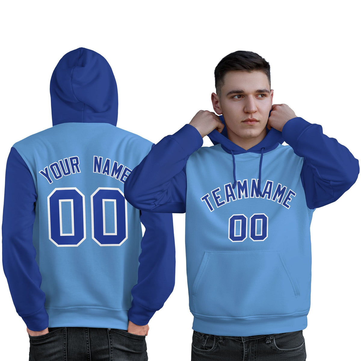 Custom Light Blue Royal-White Raglan Sleeves Pullover Personalized Sweatshirt Hoodie| KXKSHOP