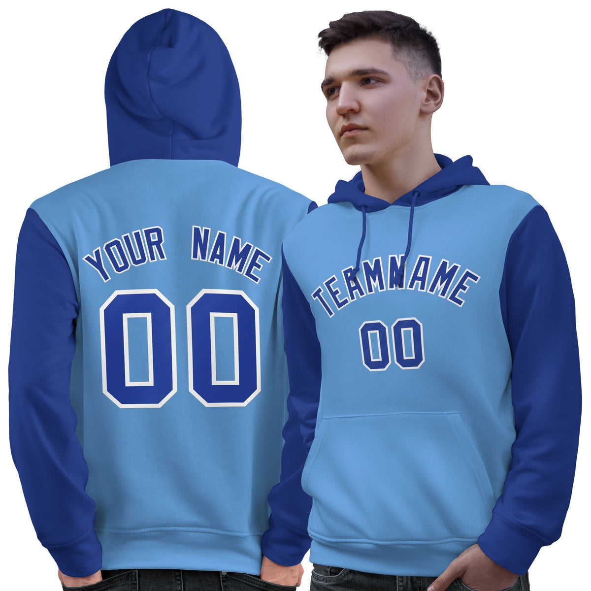 Custom Light Blue Royal-White Raglan Sleeves Pullover Personalized Sweatshirt Hoodie| KXKSHOP