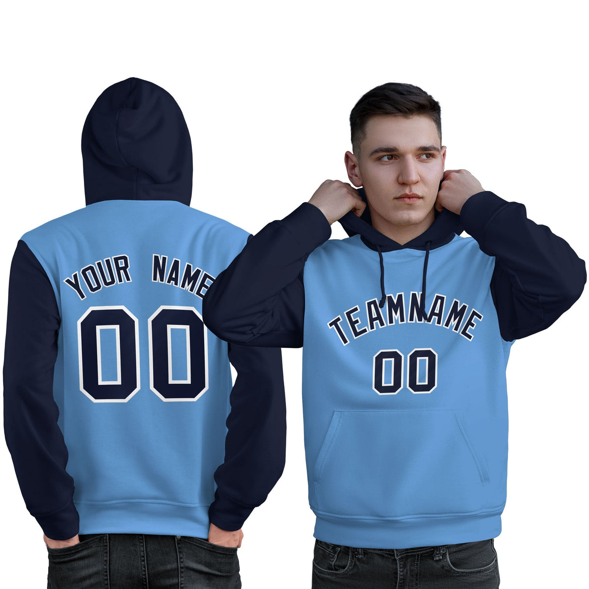 Custom Light Blue Navy-White Raglan Sleeves Pullover Personalized Sweatshirt Hoodie| KXKSHOP