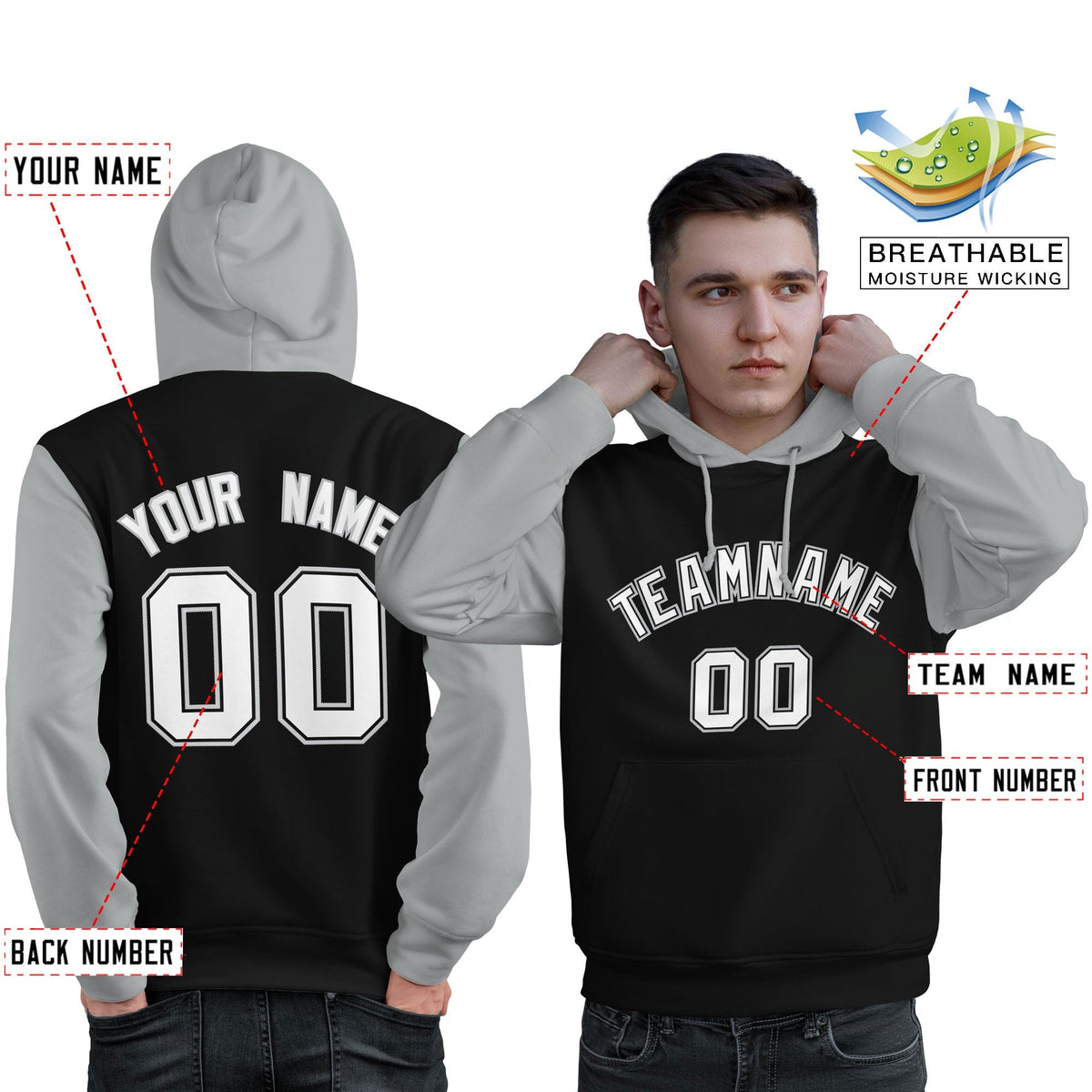 Custom Black White-Gray Raglan Sleeves Pullover Personalized Sweatshirt Hoodie| KXKSHOP