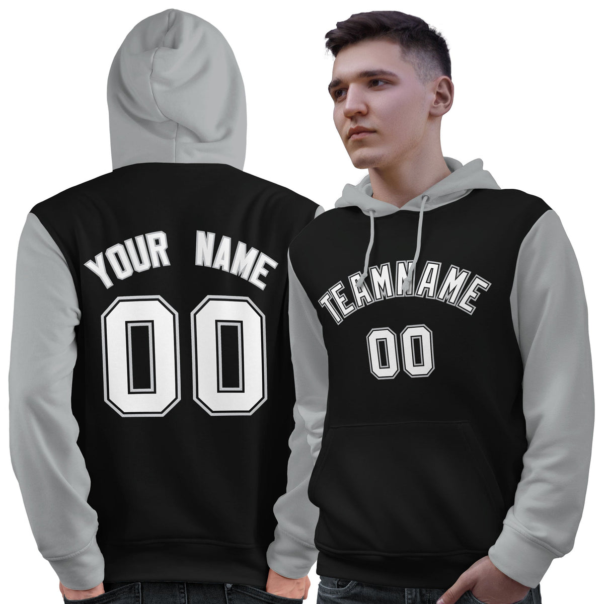 Custom Black White-Gray Raglan Sleeves Pullover Personalized Sweatshirt Hoodie| KXKSHOP