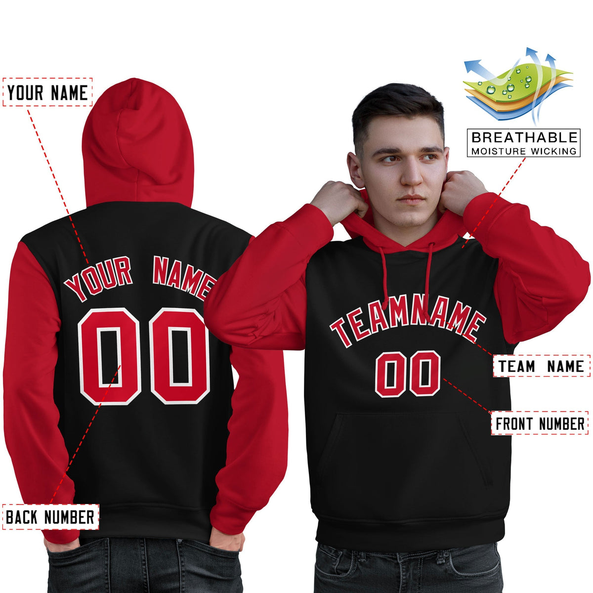 Custom Black Red-White Raglan Sleeves Pullover Personalized Sweatshirt Hoodie| KXKSHOP