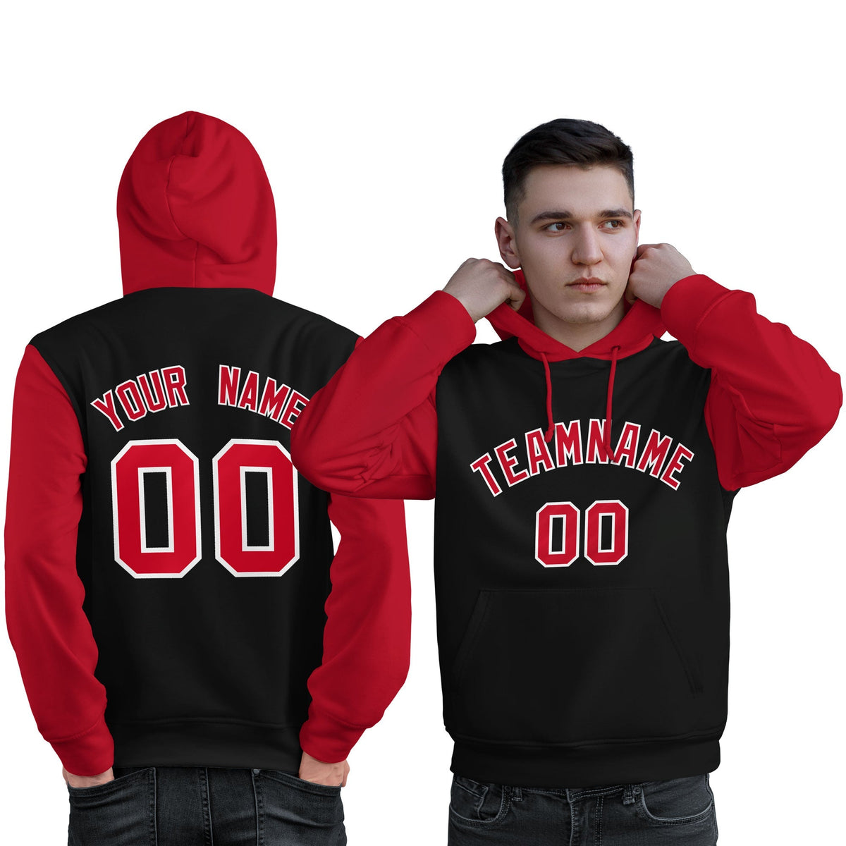 Custom Black Red-White Raglan Sleeves Pullover Personalized Sweatshirt Hoodie| KXKSHOP