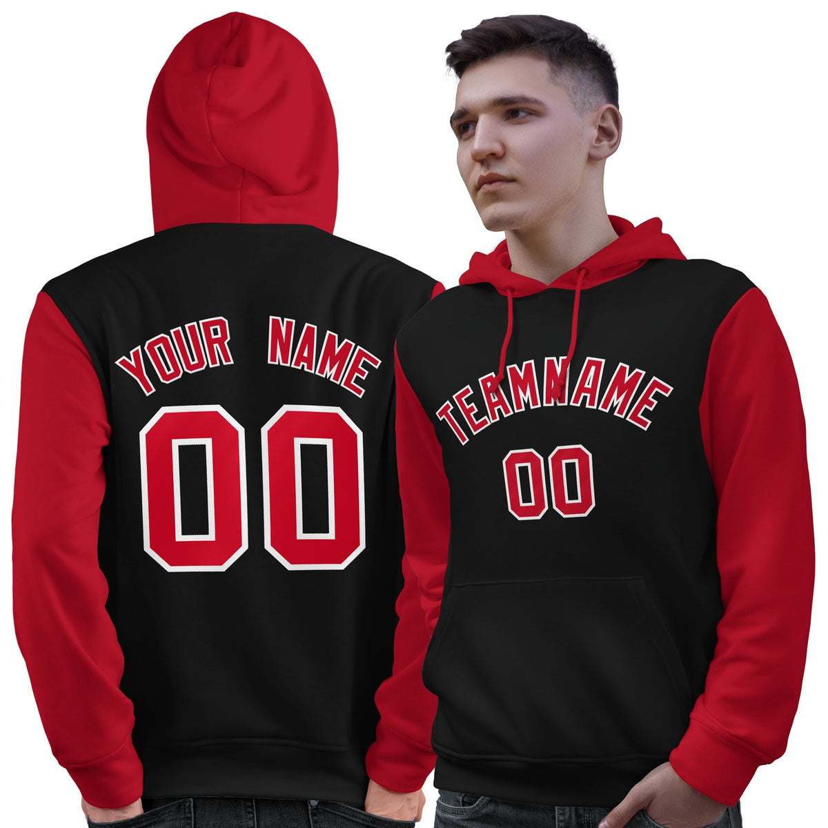 Custom Black Red-White Raglan Sleeves Pullover Personalized Sweatshirt Hoodie| KXKSHOP