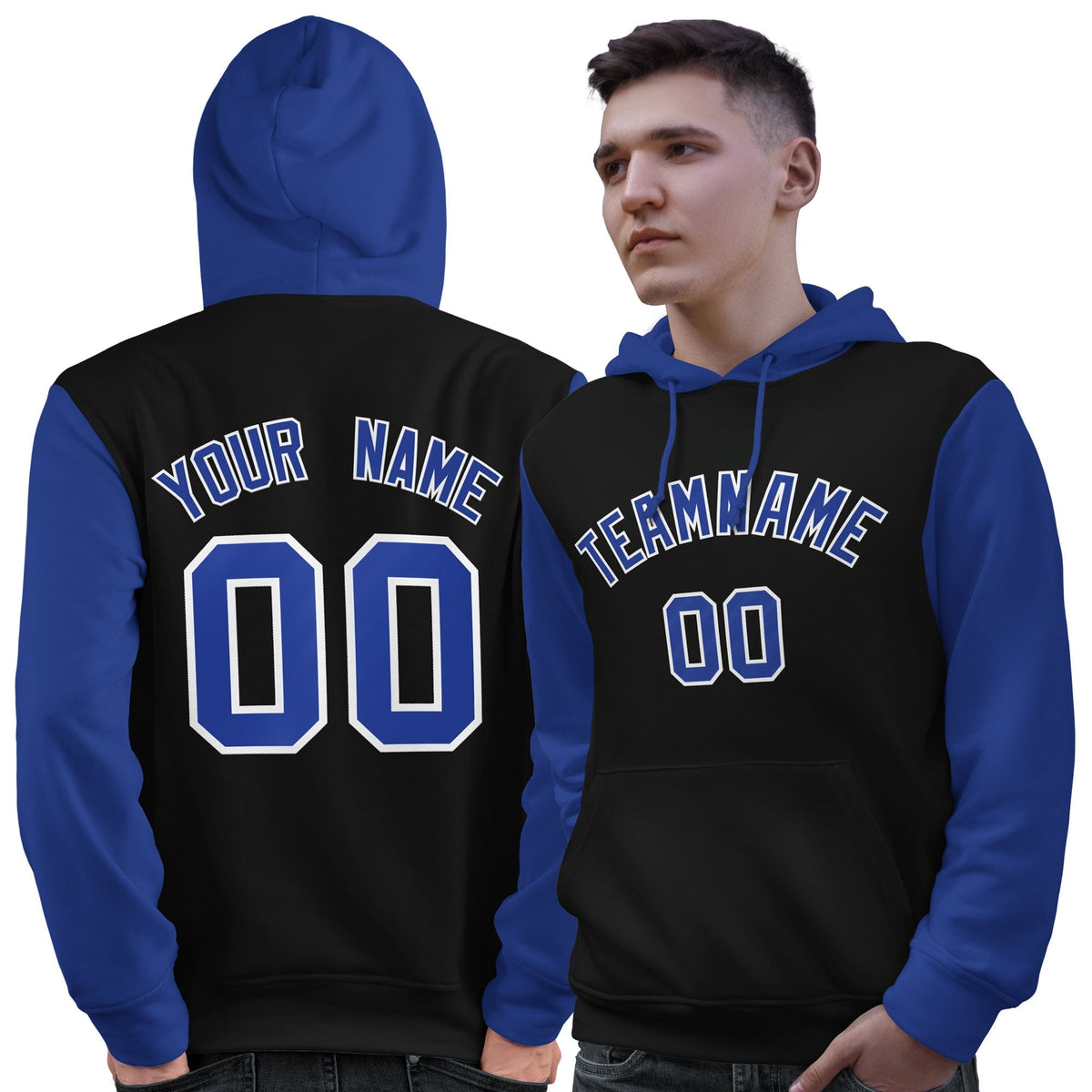 Custom Black Royal-White Raglan Sleeves Pullover Personalized Sweatshirt Hoodie| KXKSHOP