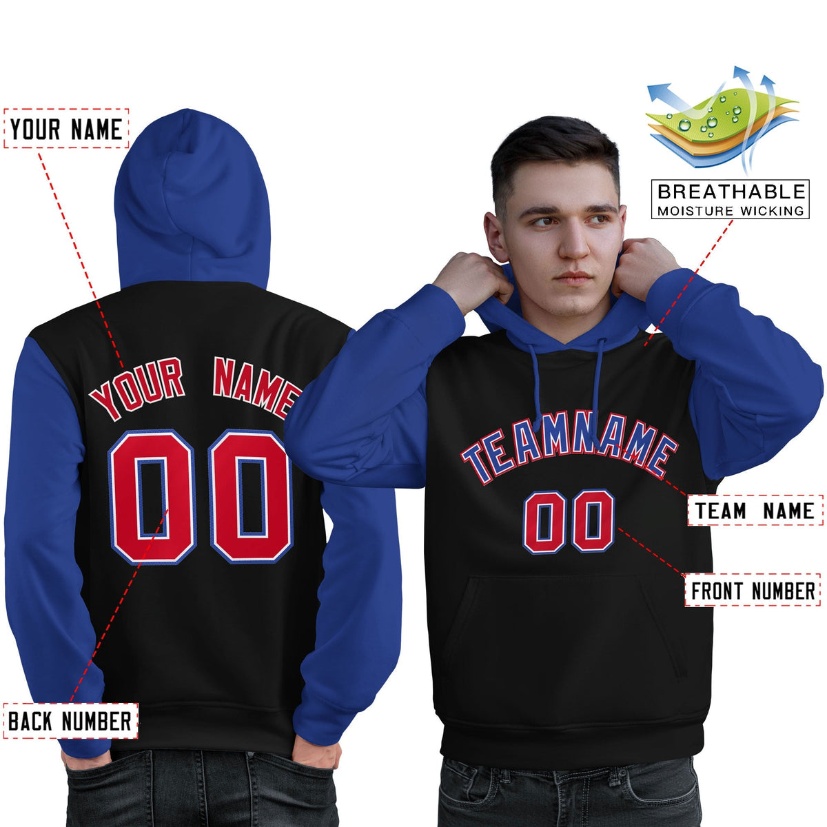 Custom Black Royal-Red Raglan Sleeves Pullover Personalized Sweatshirt Hoodie| KXKSHOP