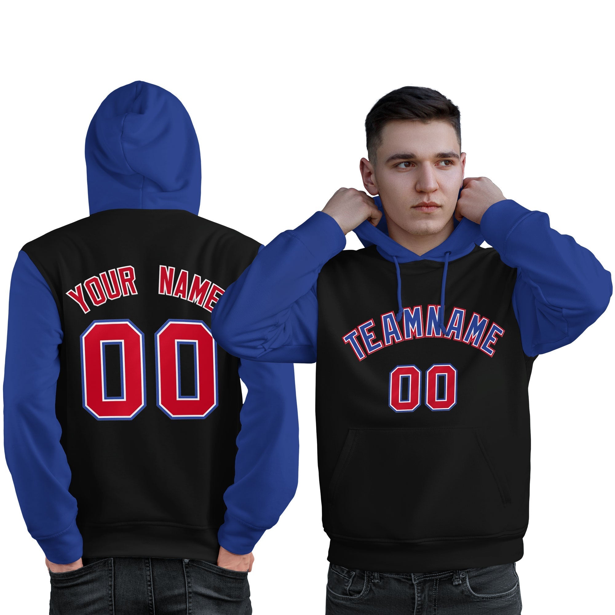 Custom Black Royal-Red Raglan Sleeves Pullover Personalized Sweatshirt Hoodie| KXKSHOP