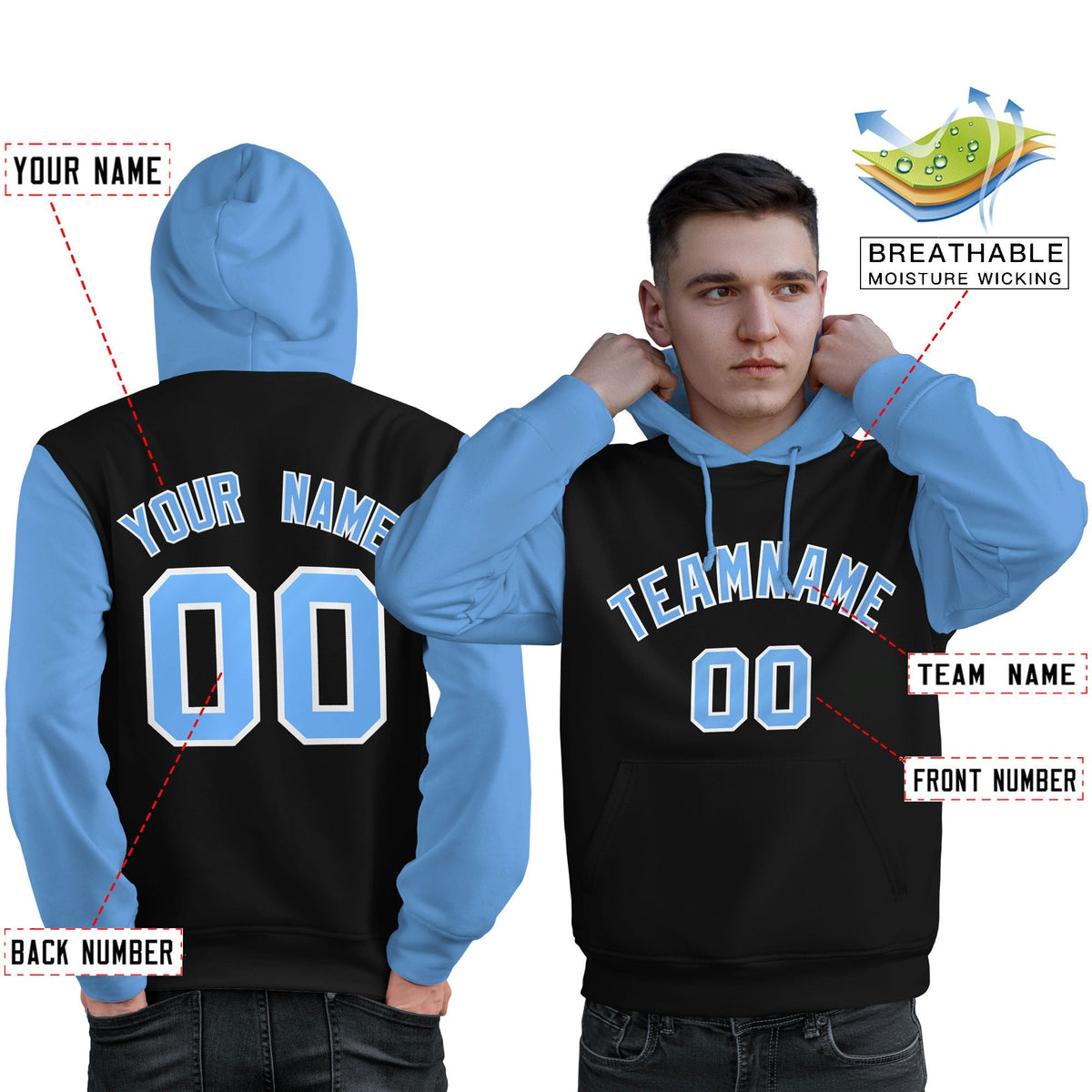 Custom Black Light Blue-White Raglan Sleeves Pullover Personalized Sweatshirt Hoodie| KXKSHOP