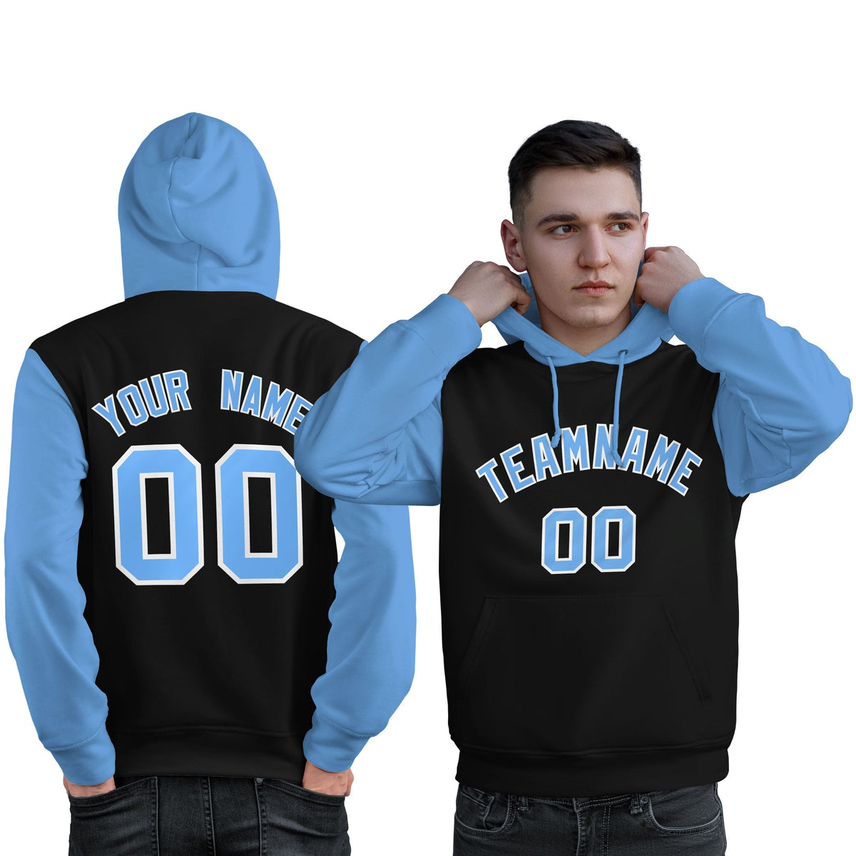 Custom Black Light Blue-White Raglan Sleeves Pullover Personalized Sweatshirt Hoodie| KXKSHOP