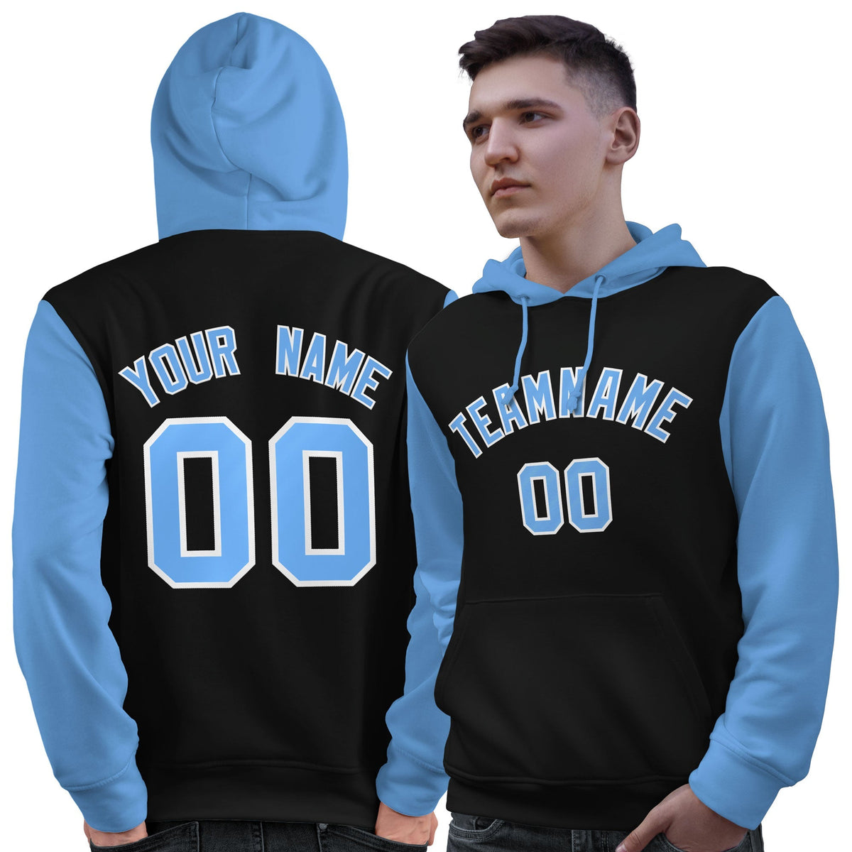Custom Black Light Blue-White Raglan Sleeves Pullover Personalized Sweatshirt Hoodie| KXKSHOP
