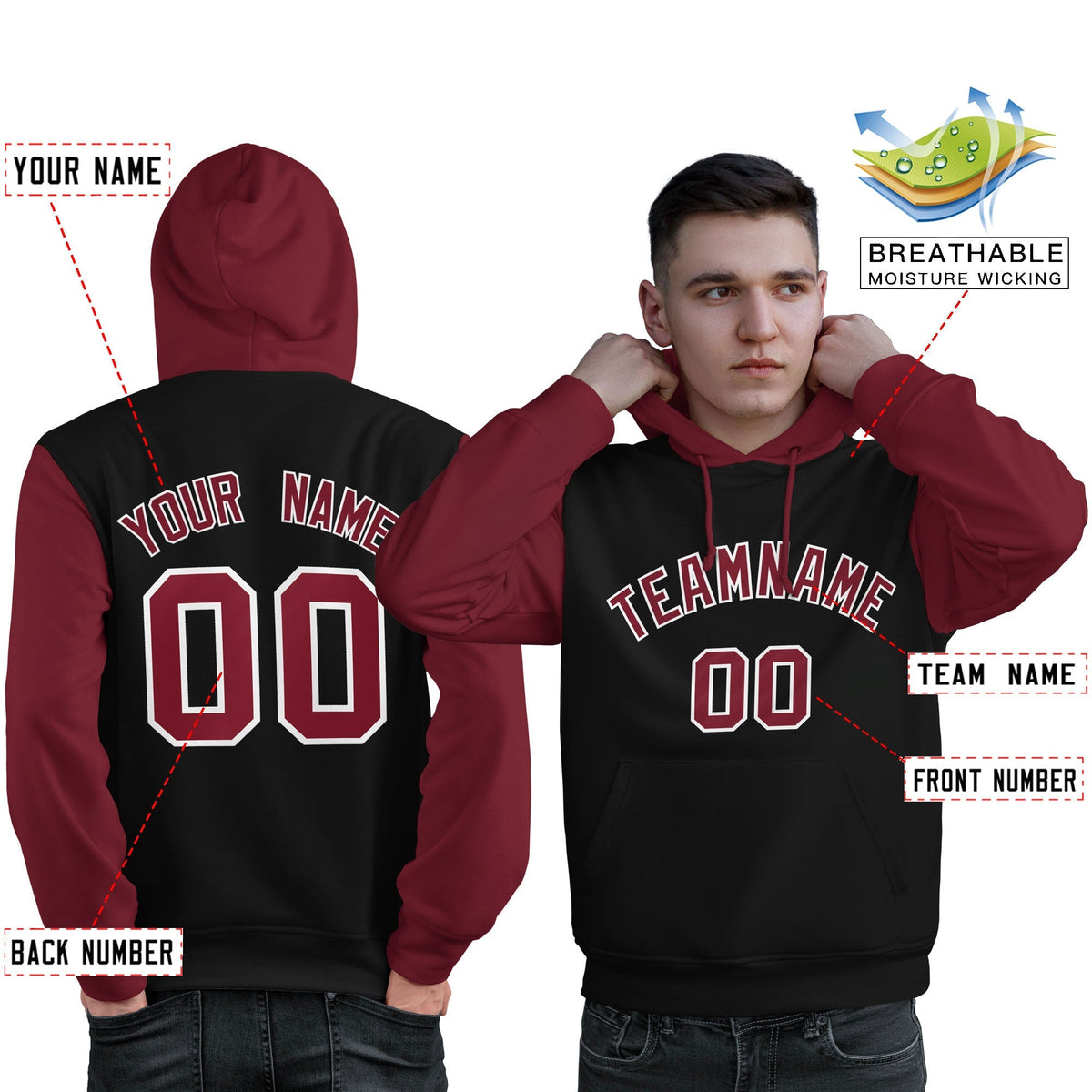 Custom Black Crimson-White Raglan Sleeves Pullover Personalized Sweatshirt Hoodie| KXKSHOP