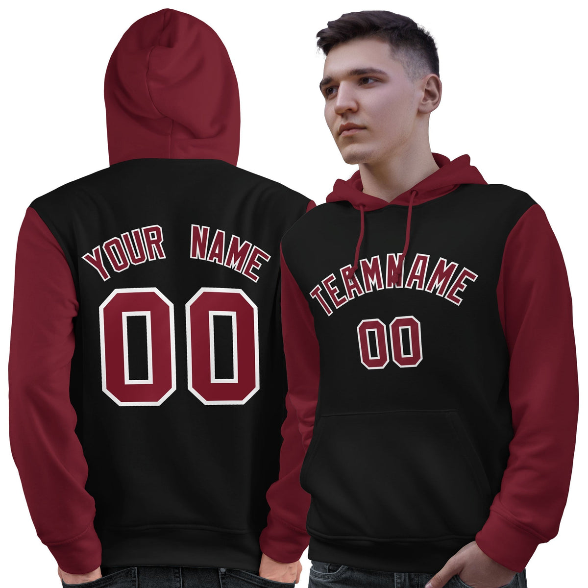 Custom Black Crimson-White Raglan Sleeves Pullover Personalized Sweatshirt Hoodie| KXKSHOP