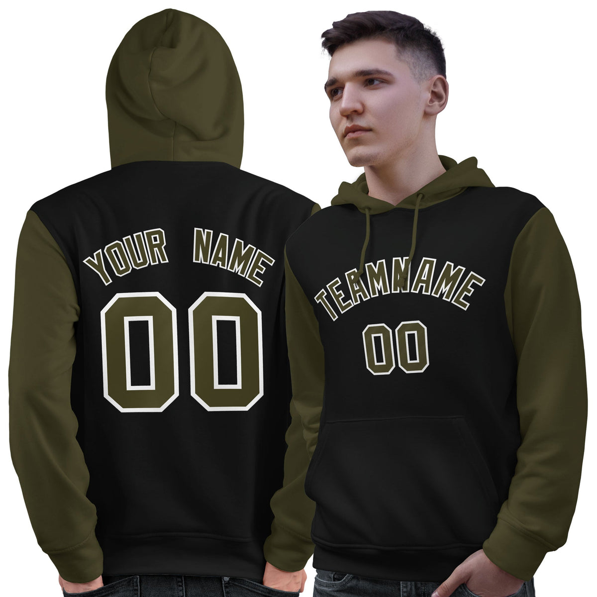 Custom Black Olive-White Raglan Sleeves Pullover Personalized Sweatshirt Hoodie| KXKSHOP