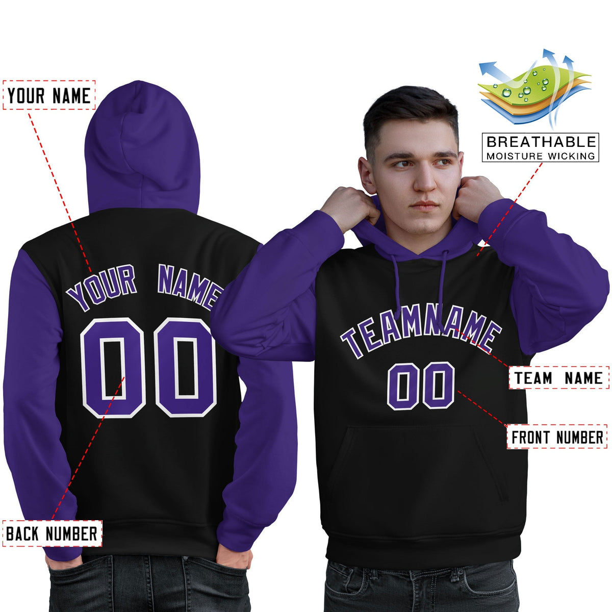 Custom Black Purple-White Raglan Sleeves Pullover Personalized Sweatshirt Hoodie| KXKSHOP