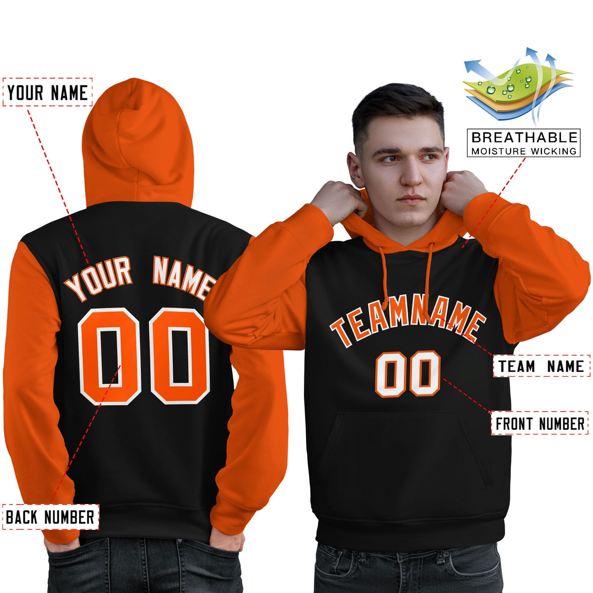 Custom Black Orange-White Raglan Sleeves Pullover Personalized Sweatshirt Hoodie| KXKSHOP