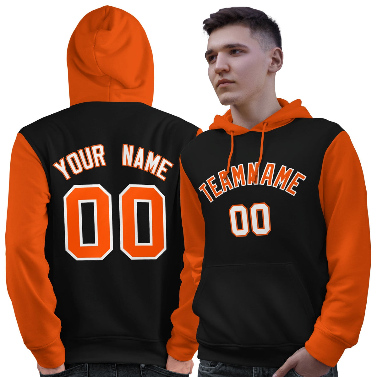 Custom Black Orange-White Raglan Sleeves Pullover Personalized Sweatshirt Hoodie| KXKSHOP