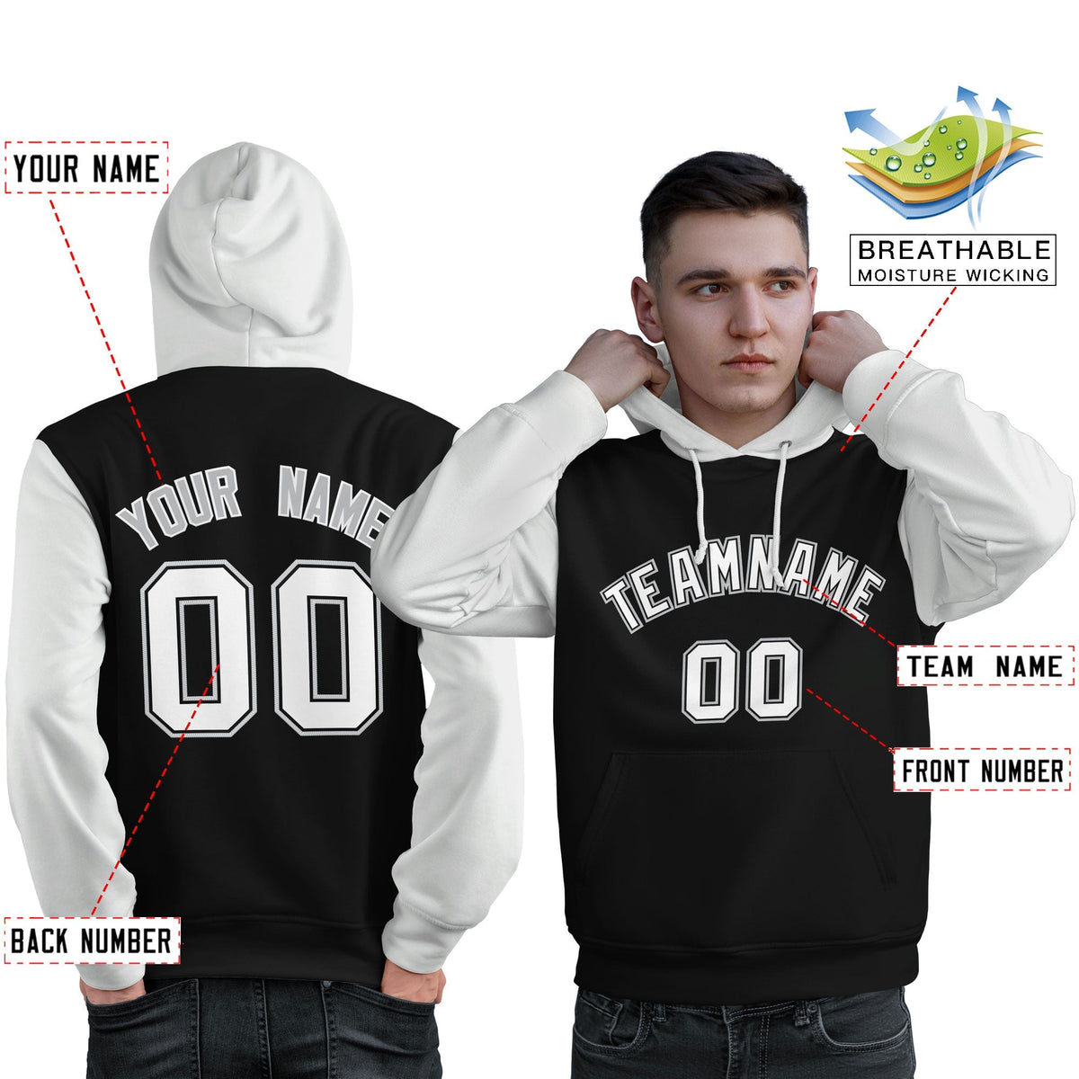 Custom Black White-Gray Raglan Sleeves Pullover Personalized Sweatshirt Hoodie| KXKSHOP