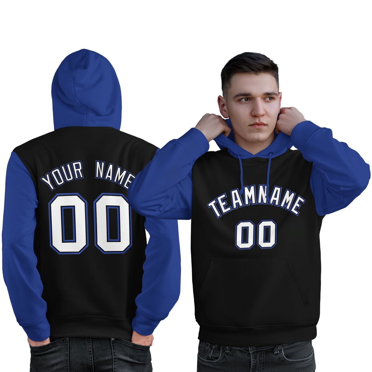 Custom Black White-Royal Raglan Sleeves Pullover Personalized Sweatshirt Hoodie| KXKSHOP
