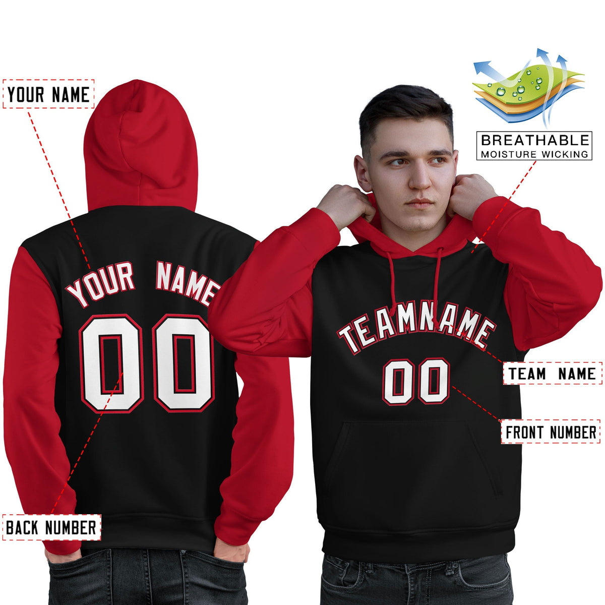 Custom Black White-Red Raglan Sleeves Pullover Personalized Sweatshirt Hoodie| KXKSHOP
