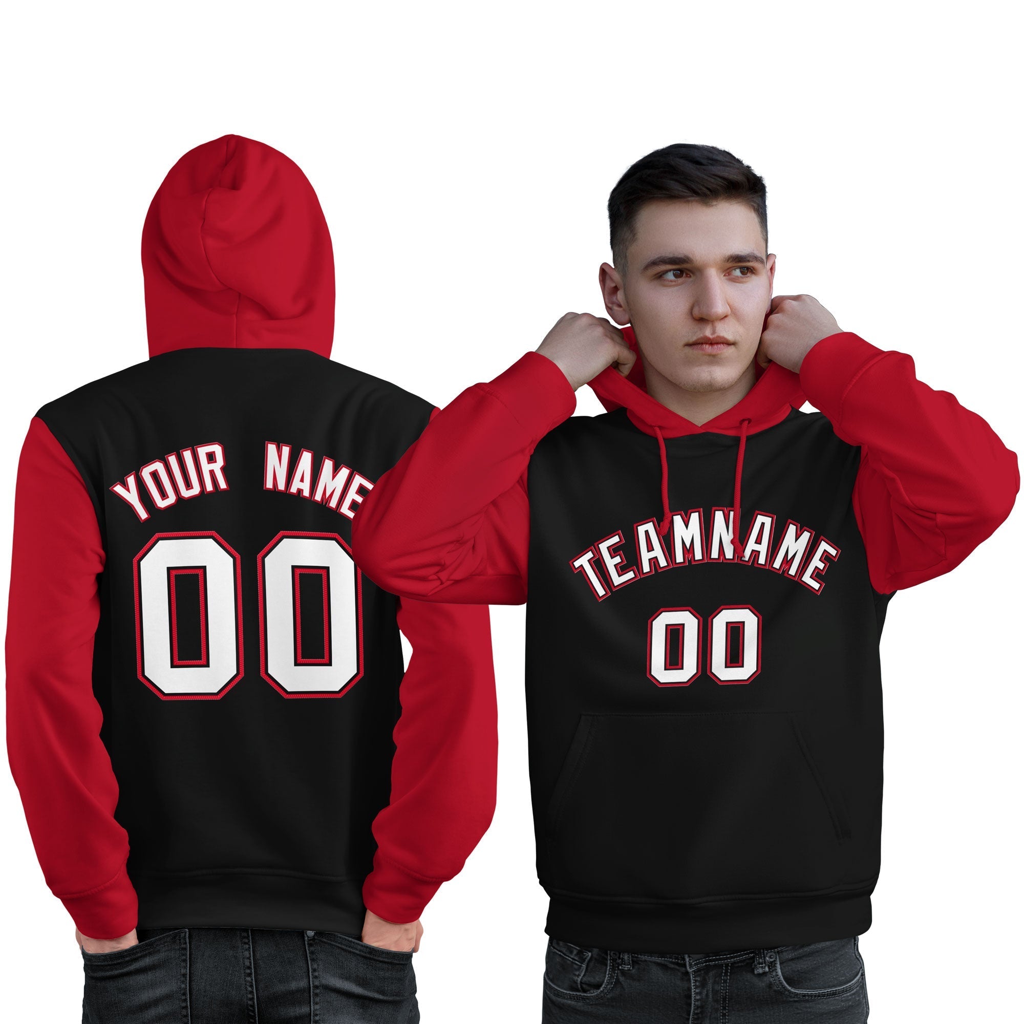 Custom Black White-Red Raglan Sleeves Pullover Personalized Sweatshirt Hoodie| KXKSHOP