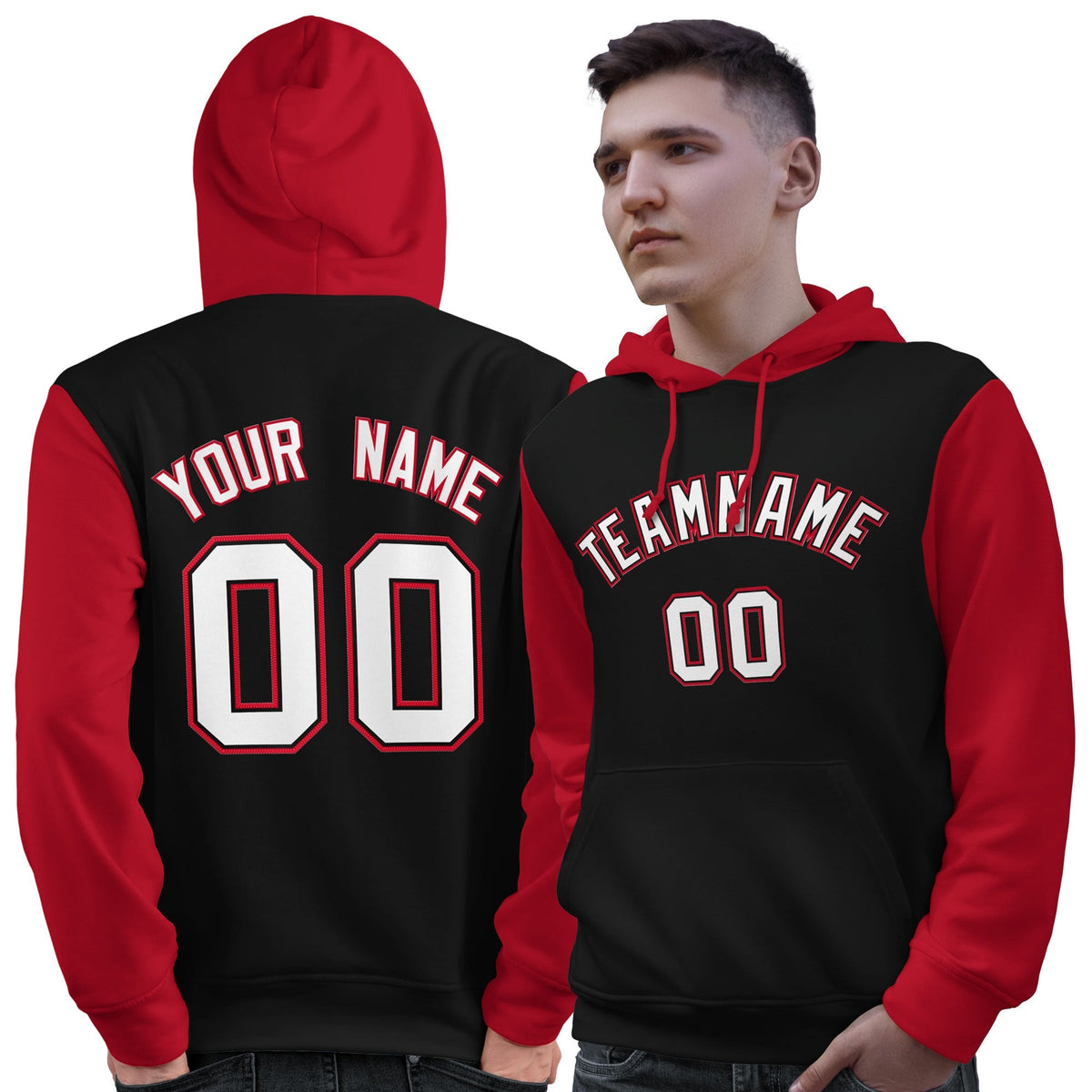 Custom Black White-Red Raglan Sleeves Pullover Personalized Sweatshirt Hoodie| KXKSHOP