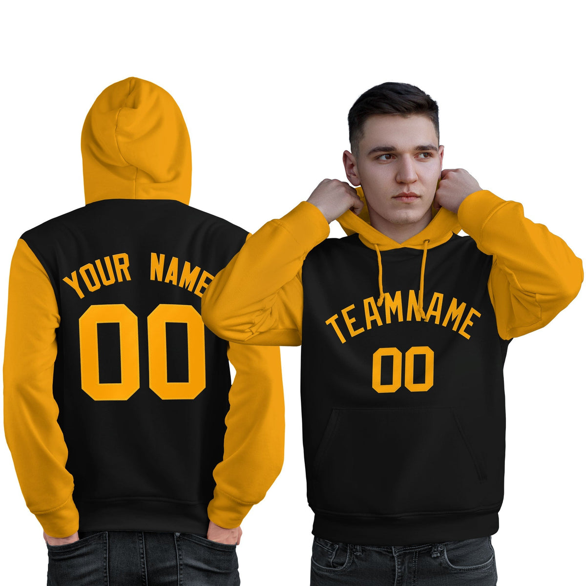 Custom Black Gold Raglan Sleeves Pullover Personalized Sweatshirt Hoodie| KXKSHOP