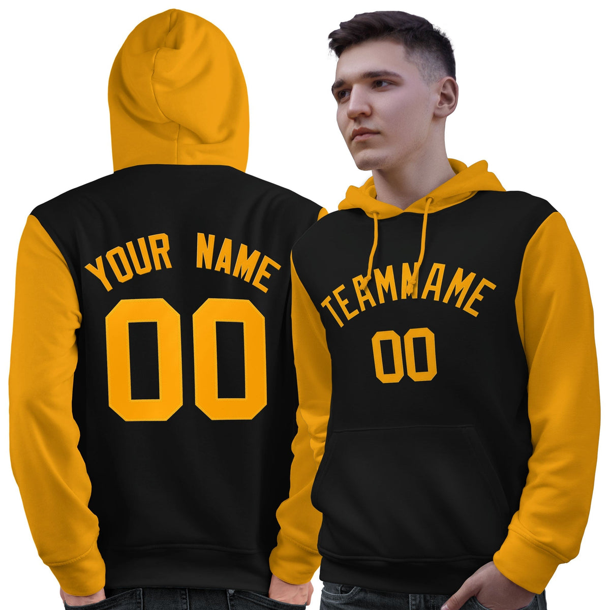 Custom Black Gold Raglan Sleeves Pullover Personalized Sweatshirt Hoodie| KXKSHOP