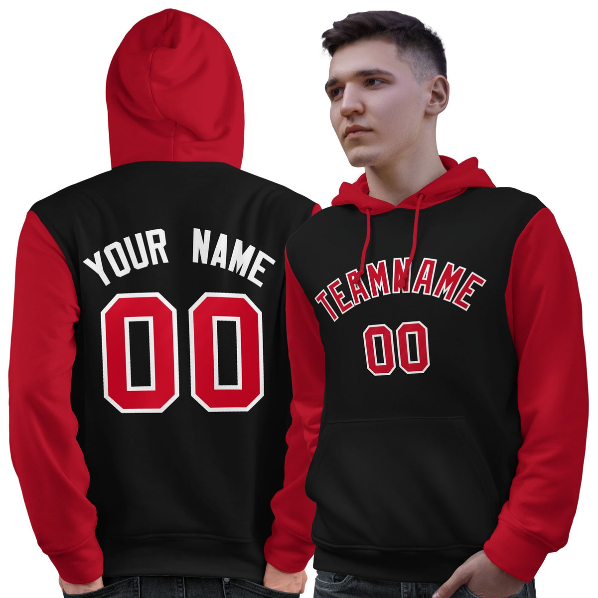 Custom Black Red-White Raglan Sleeves Pullover Personalized Sweatshirt Hoodie| KXKSHOP