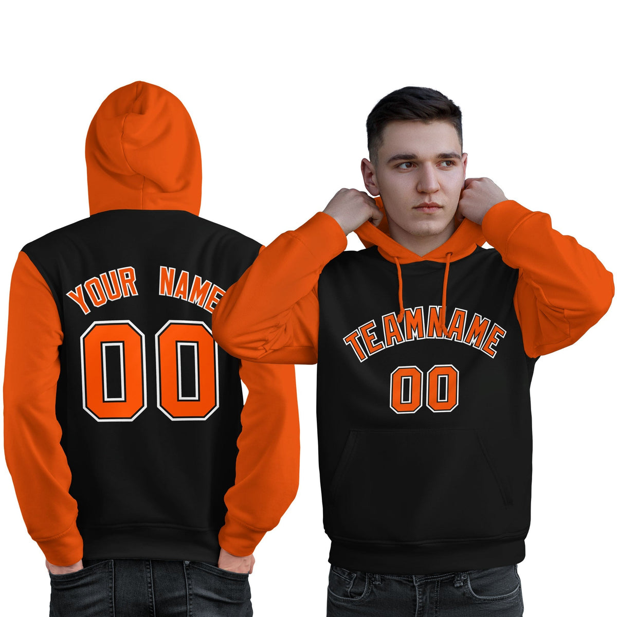 Custom Black Orange-White Raglan Sleeves Pullover Personalized Sweatshirt Hoodie| KXKSHOP