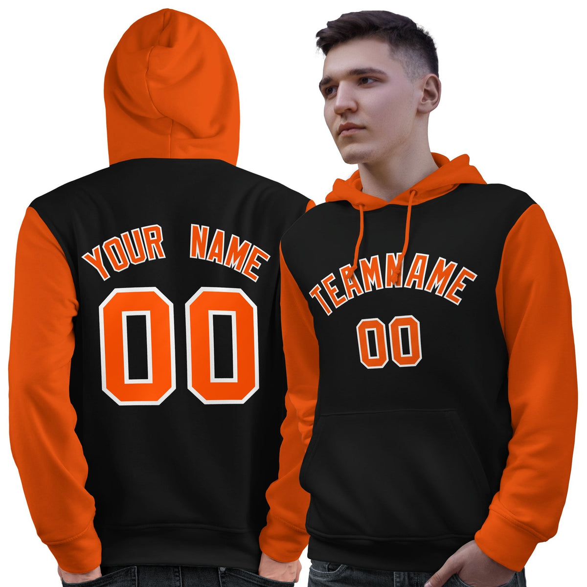 Custom Black Orange-White Raglan Sleeves Pullover Personalized Sweatshirt Hoodie| KXKSHOP