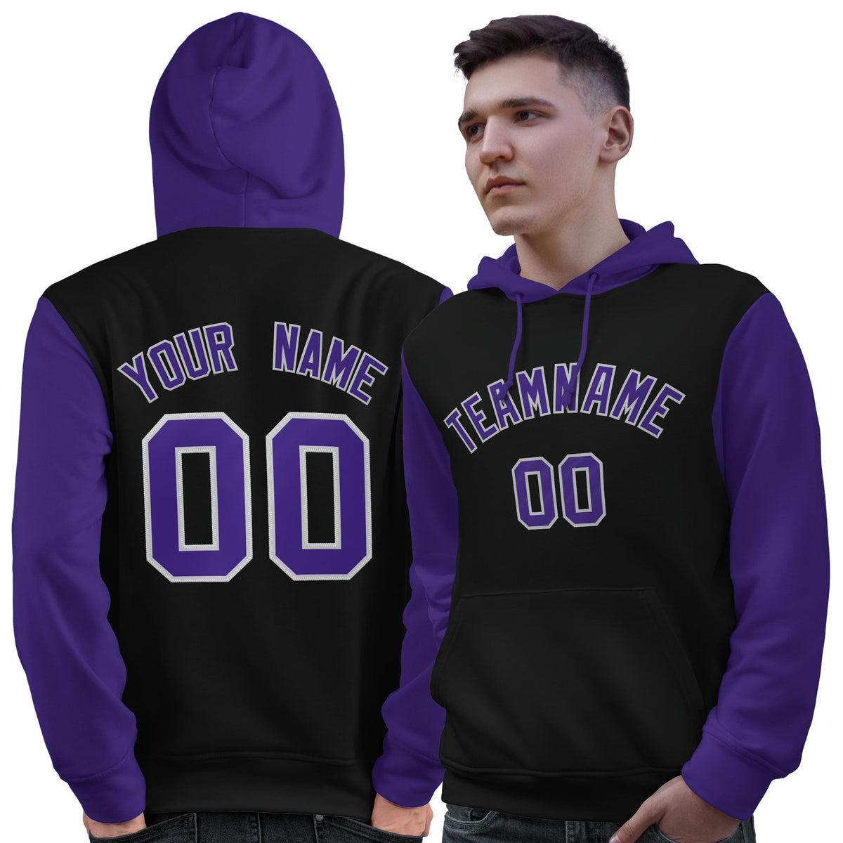 Custom Black Purple-Gray Raglan Sleeves Pullover Personalized Sweatshirt Hoodie| KXKSHOP