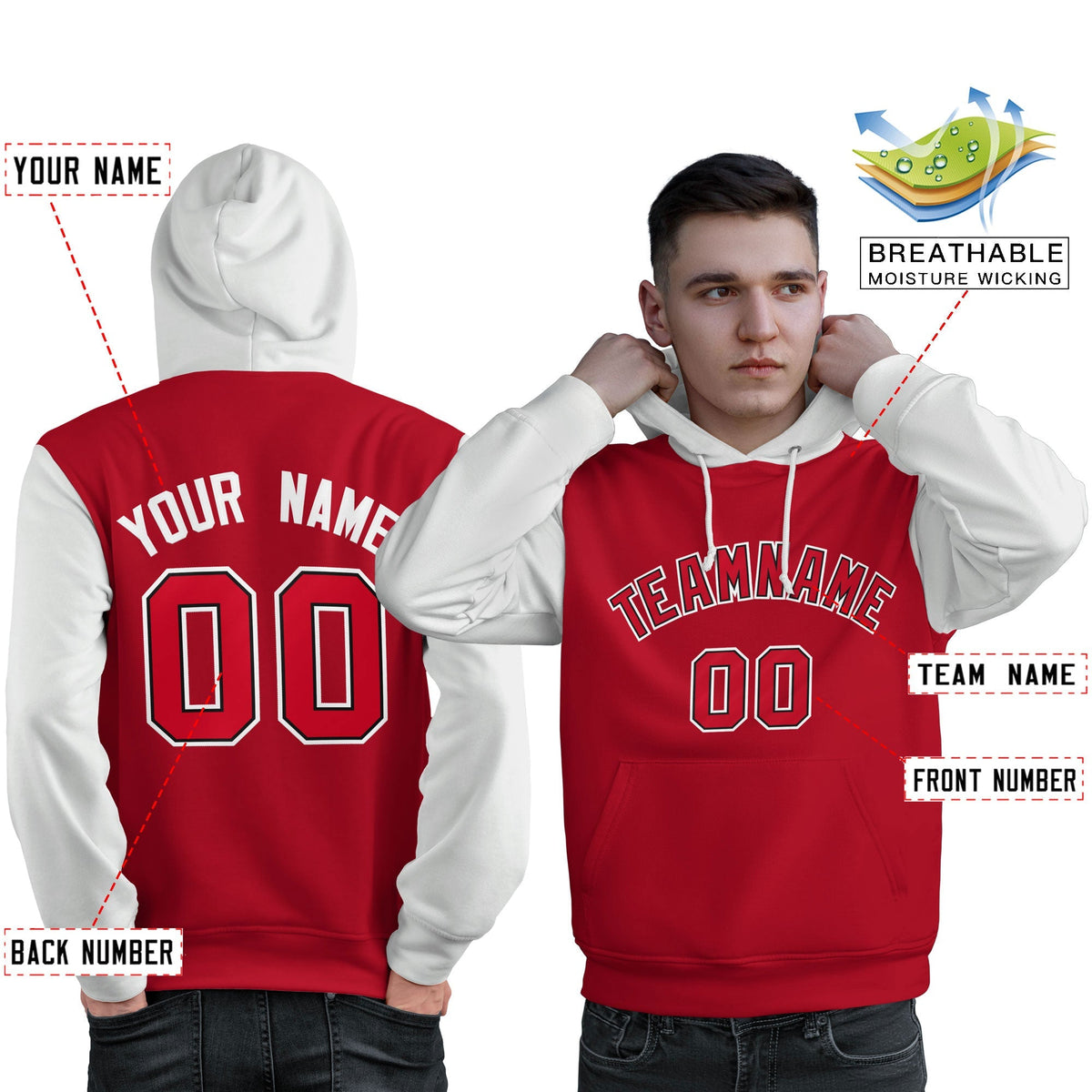 Custom Red Black-White Raglan Sleeves Pullover Personalized Sweatshirt Hoodie| KXKSHOP