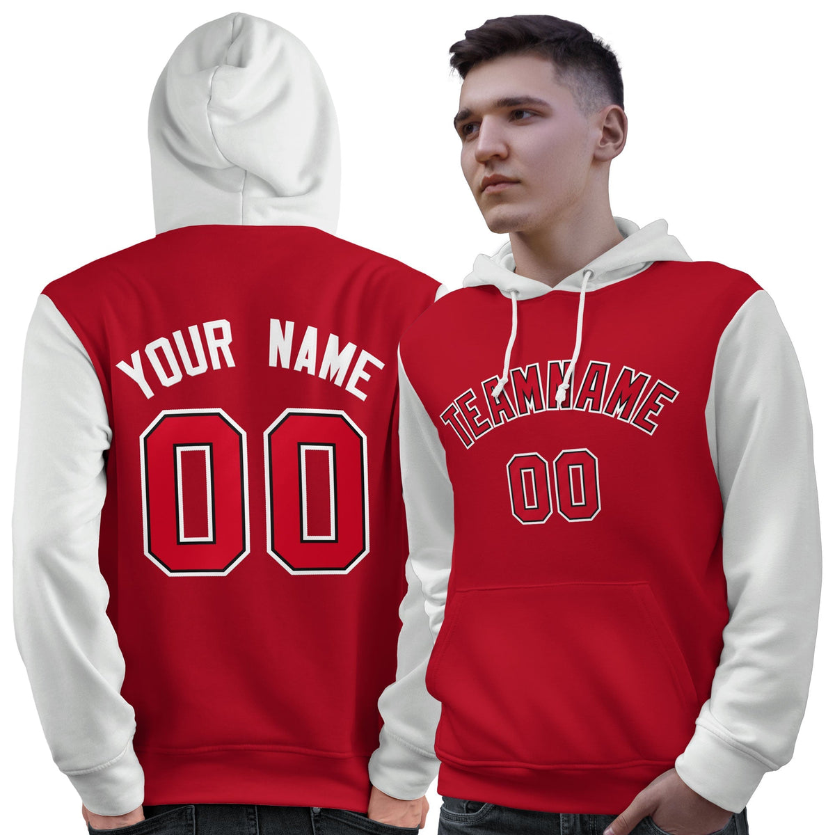 Custom Red Black-White Raglan Sleeves Pullover Personalized Sweatshirt Hoodie| KXKSHOP