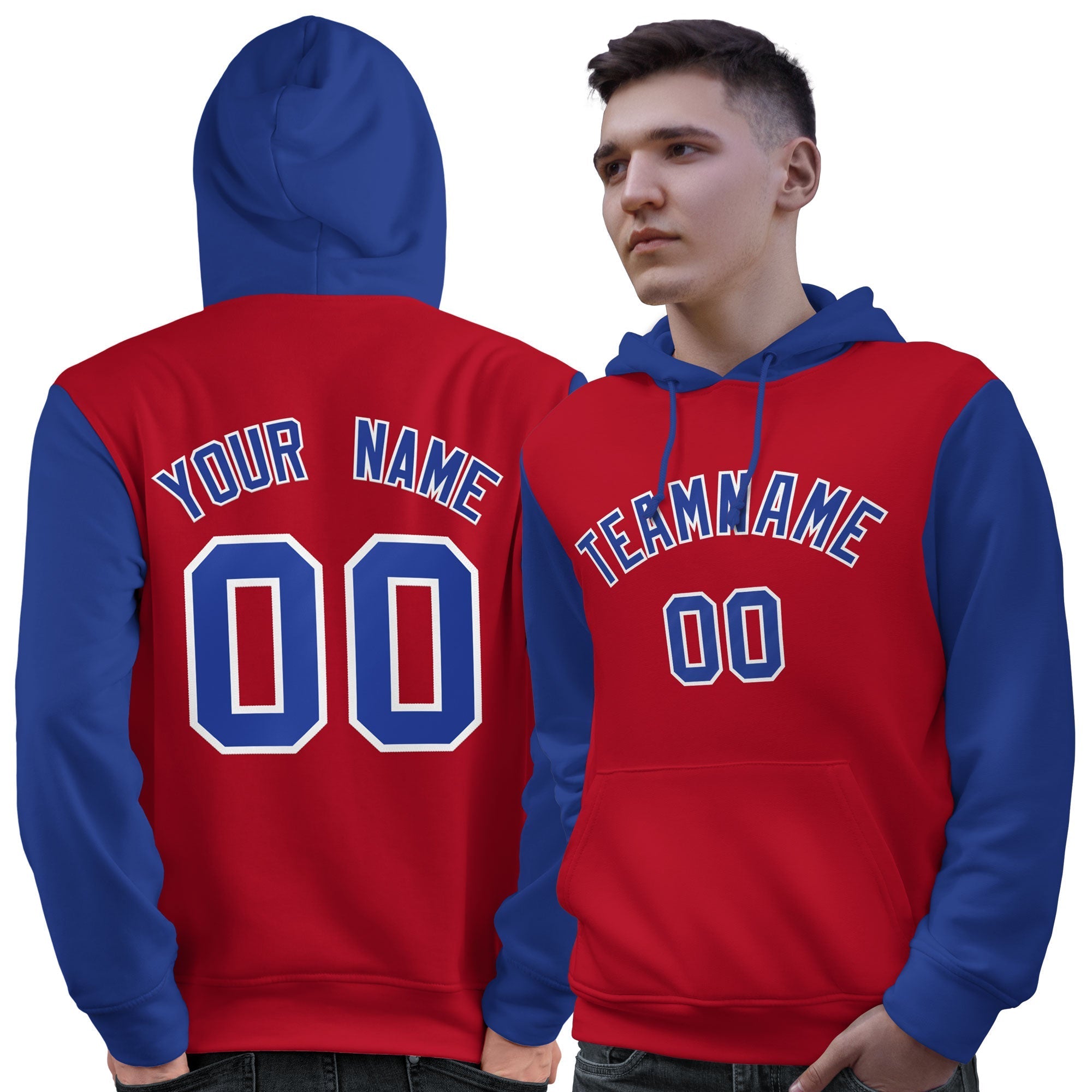 Custom Red Royal-White Raglan Sleeves Pullover Personalized Sweatshirt Hoodie| KXKSHOP