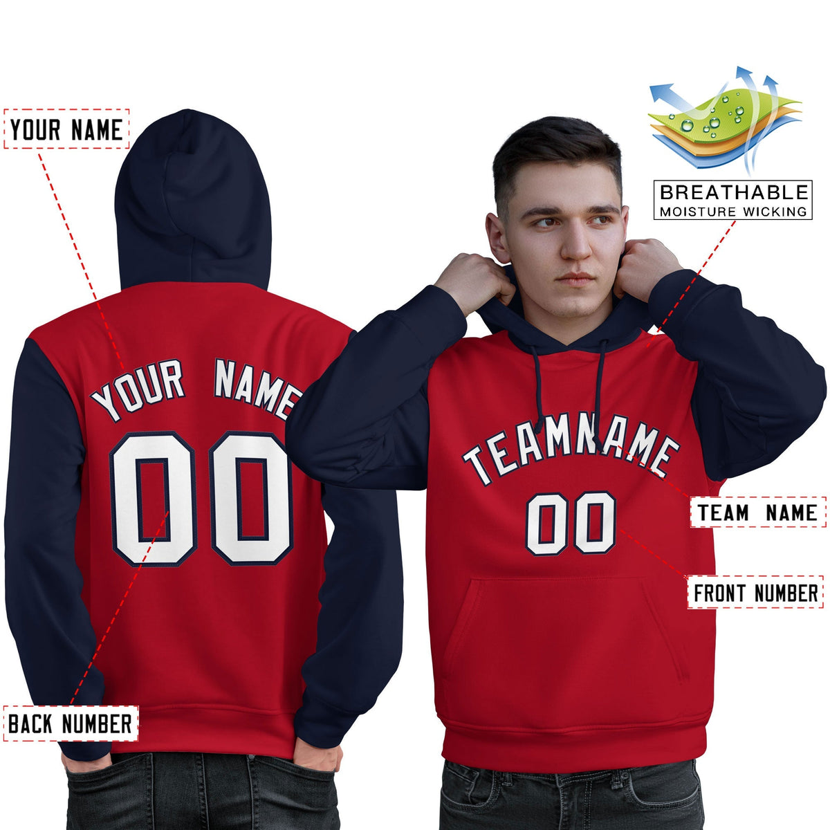 Custom Red White-Navy Raglan Sleeves Pullover Personalized Sweatshirt Hoodie| KXKSHOP
