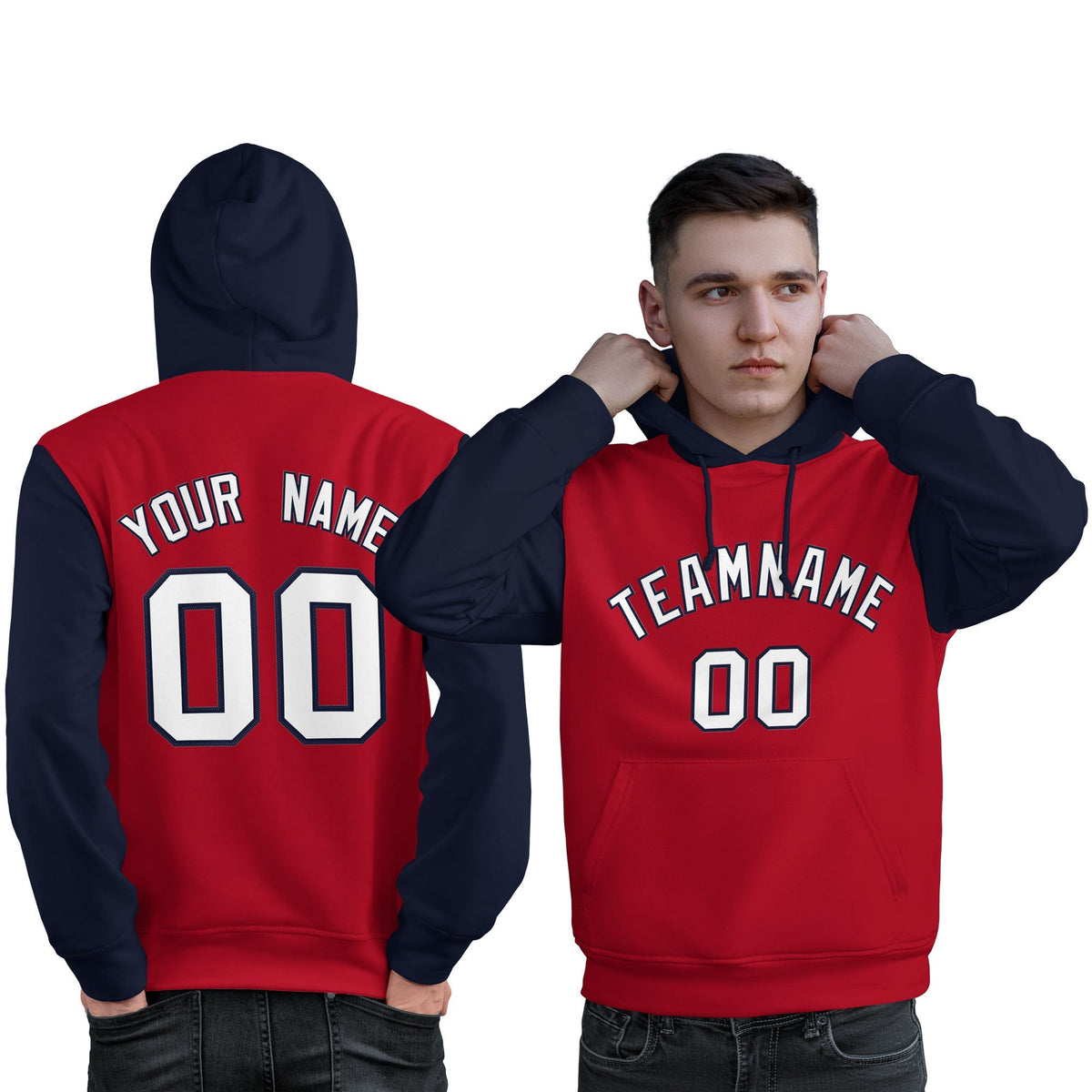 Custom Red White-Navy Raglan Sleeves Pullover Personalized Sweatshirt Hoodie| KXKSHOP