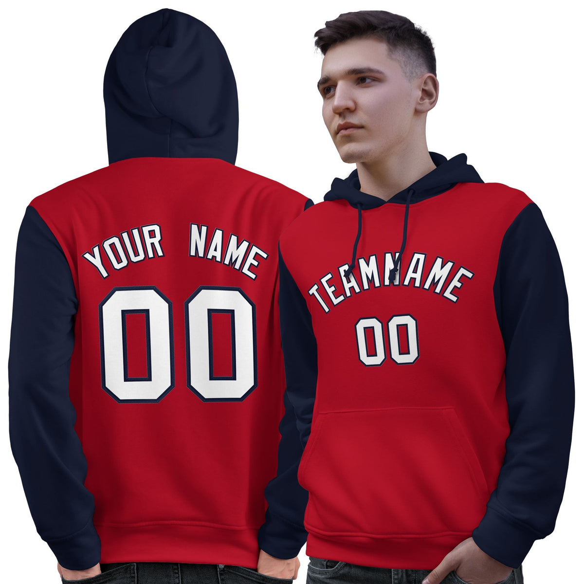 Custom Red White-Navy Raglan Sleeves Pullover Personalized Sweatshirt Hoodie| KXKSHOP