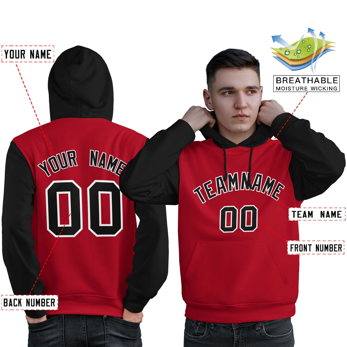 Custom Red Black-White Raglan Sleeves Pullover Personalized Sweatshirt Hoodie| KXKSHOP