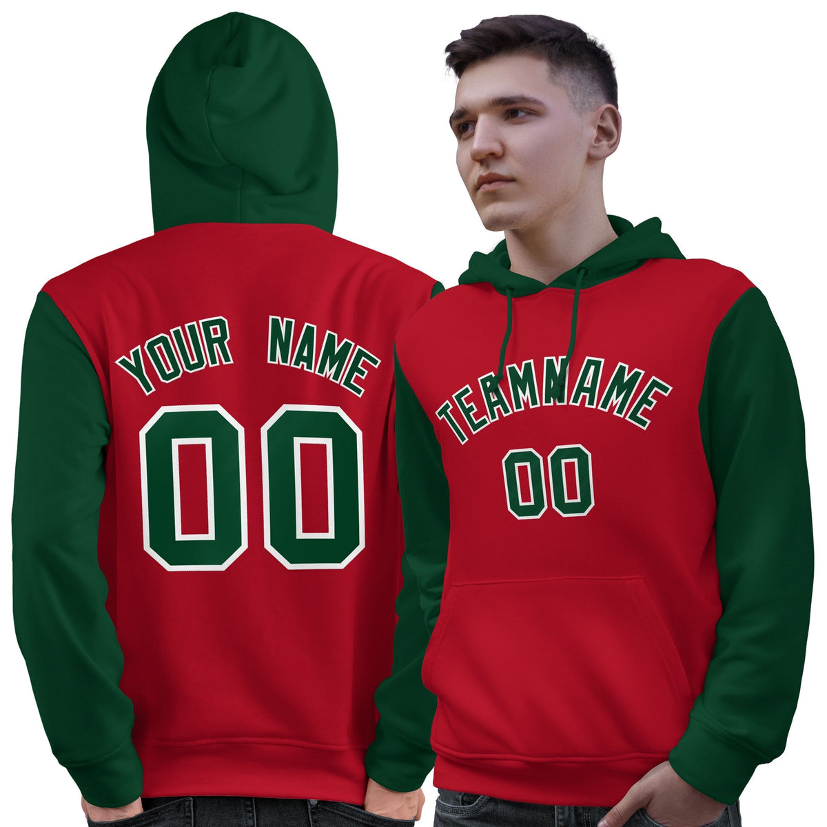 Custom Red Green-White Raglan Sleeves Pullover Personalized Sweatshirt Hoodie| KXKSHOP