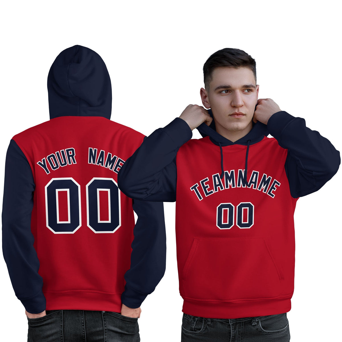 Custom Red Navy-White Raglan Sleeves Pullover Personalized Sweatshirt Hoodie| KXKSHOP