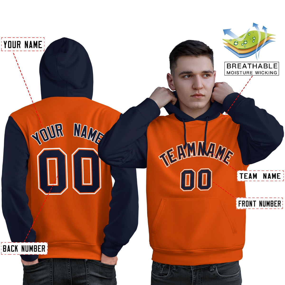 Custom Orange Navy-White Raglan Sleeves Pullover Personalized Sweatshirt Hoodie| KXKSHOP