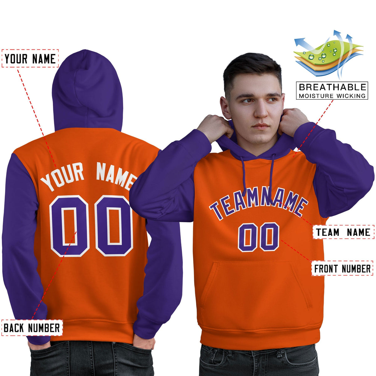Custom Orange Purple-White Raglan Sleeves Pullover Personalized Sweatshirt Hoodie| KXKSHOP