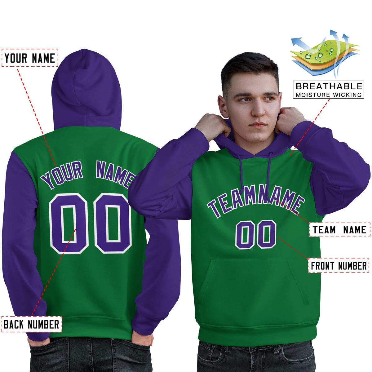 Custom Kelly Green Purple-White Raglan Sleeves Pullover Personalized Sweatshirt Hoodie| KXKSHOP